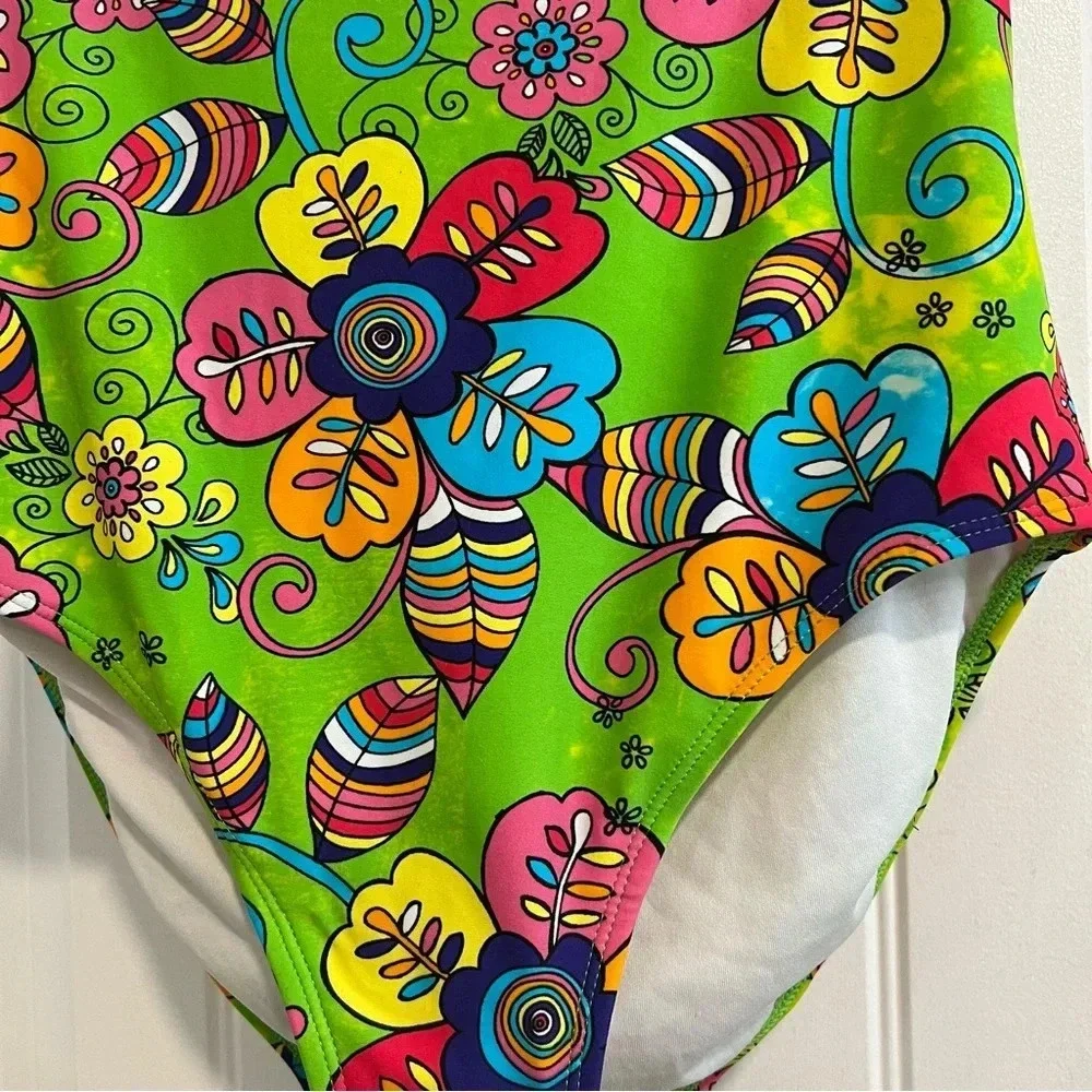 Hanna Andersson Mottled Bright Green Floral Crossback‎ Swimsuit. Size 12/14.